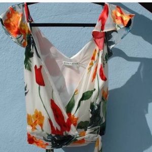 Alice+Olivia White FloralPrint Wrap Crop Blouse